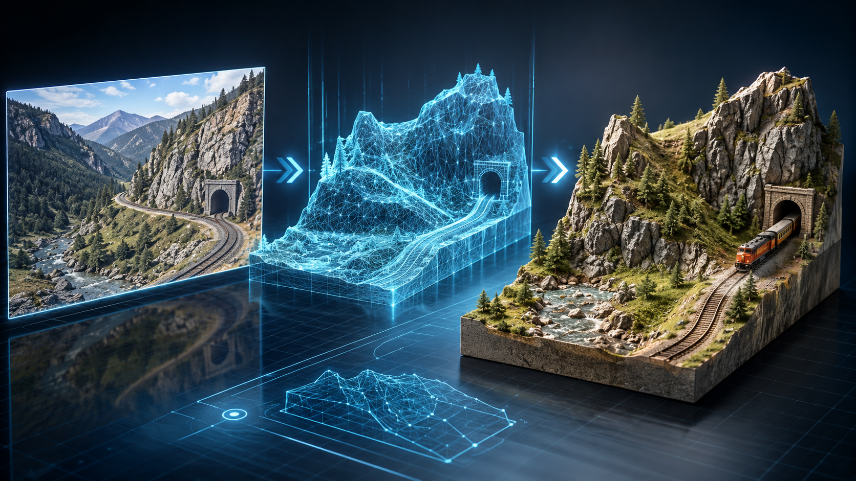 A 3D printed terrain section sitting next to the original photograph it was generated from